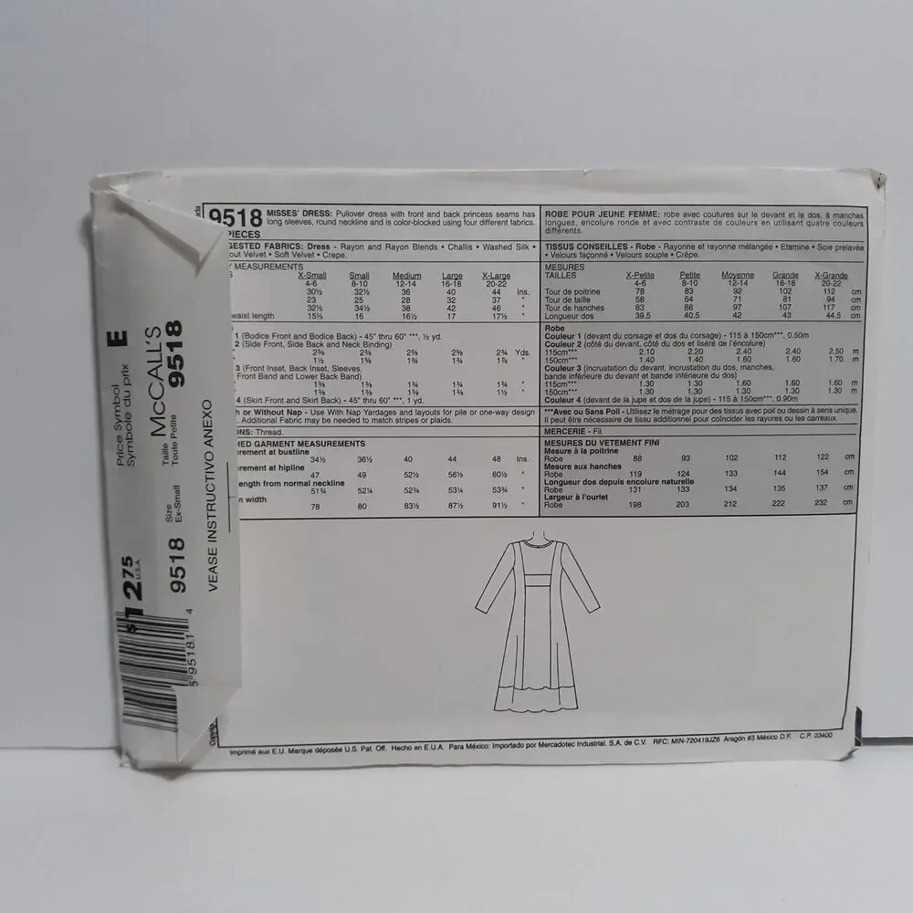McCall's 9518 Sewing Pattern NEW Womens Pullover Dress X Small 4-6 Long Sleeve
